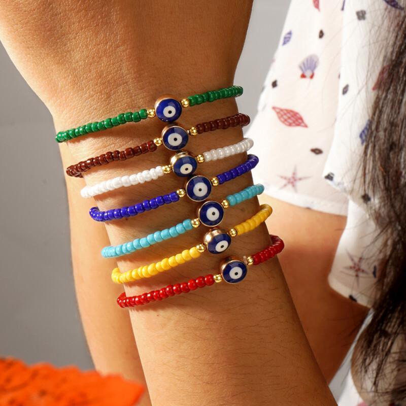Vintage Bohemian Stained Glass Evil Eye Bracelet, Adjustable